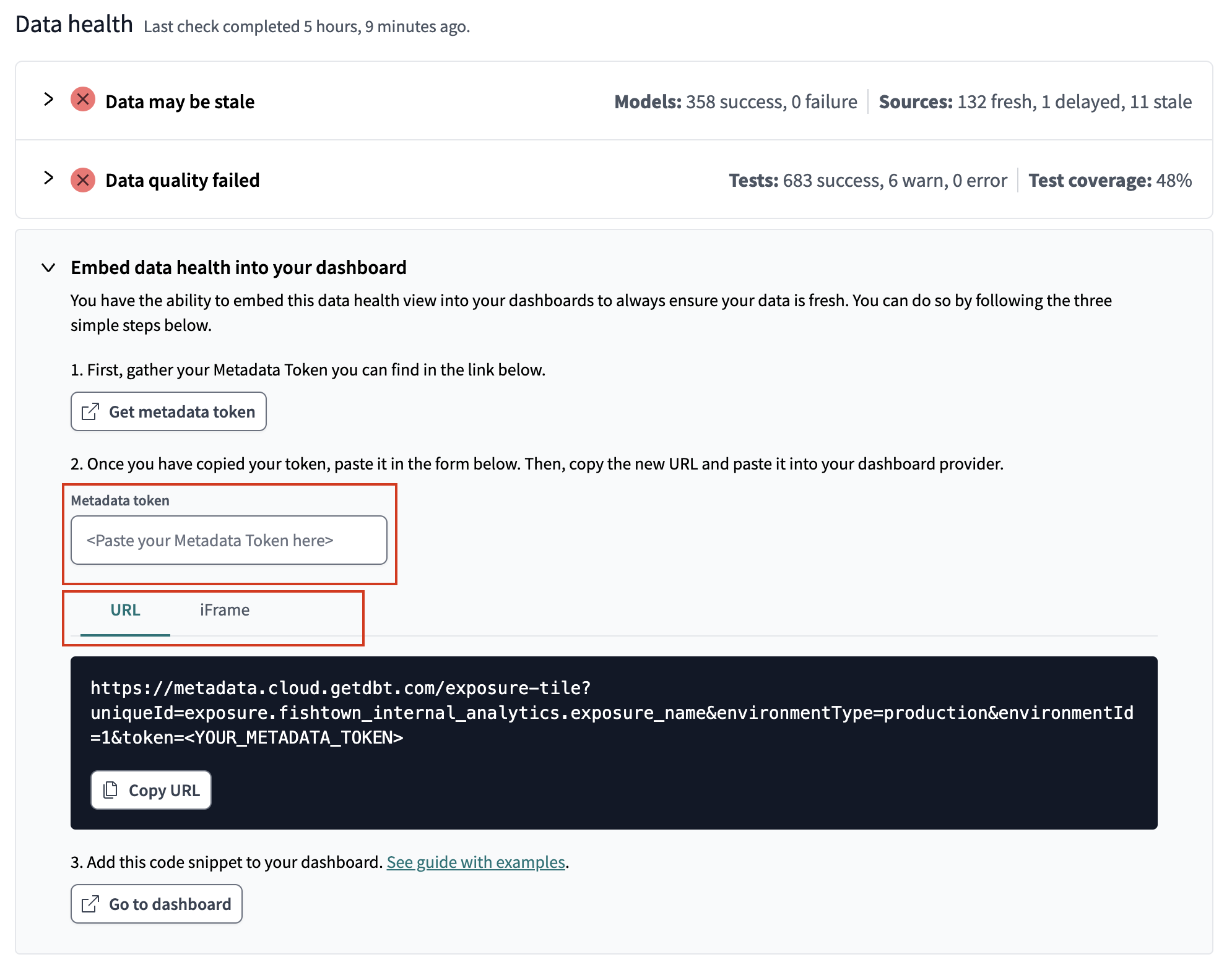Expand the toggle to embed data health tile into your dashboard. Expand the toggle to embed data health tile into your dashboard.