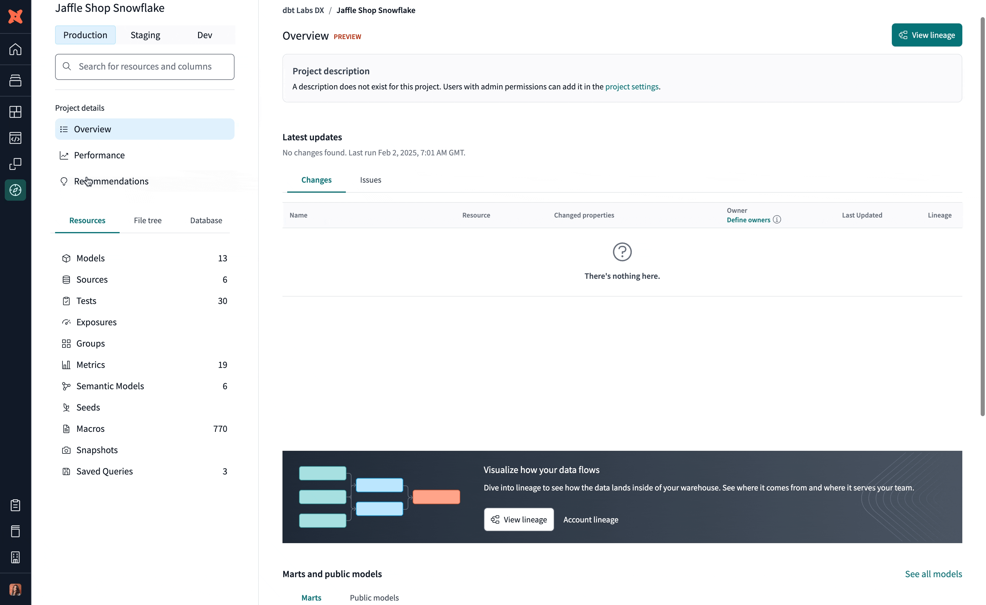 Navigate Catalog to discover your project's resources and lineage.